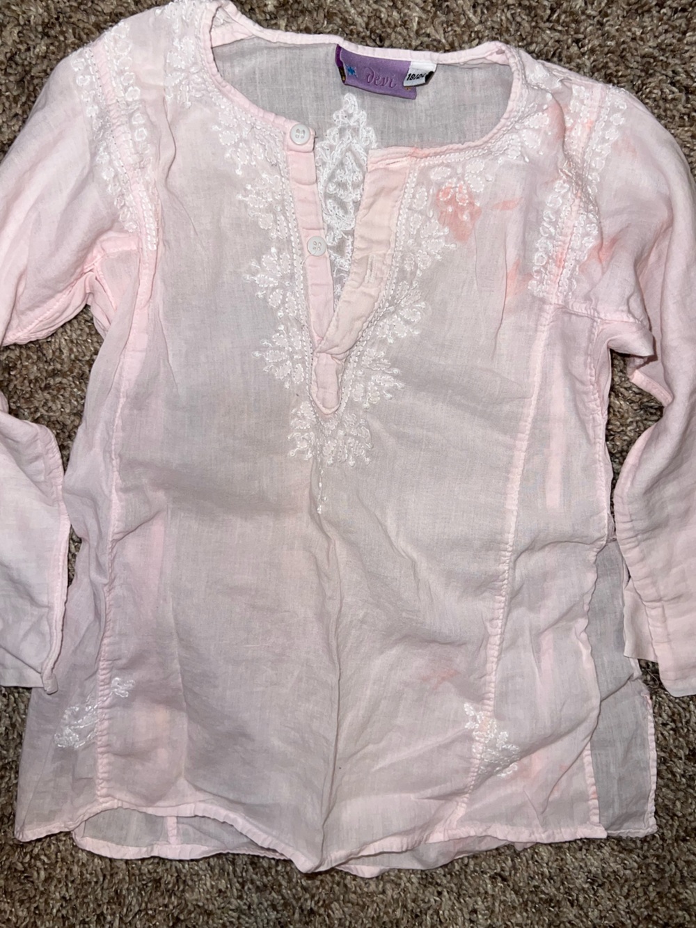Vintage Cotton Embroidered Chikankari Light Pink Embroidered Girls' Tunic Top XS